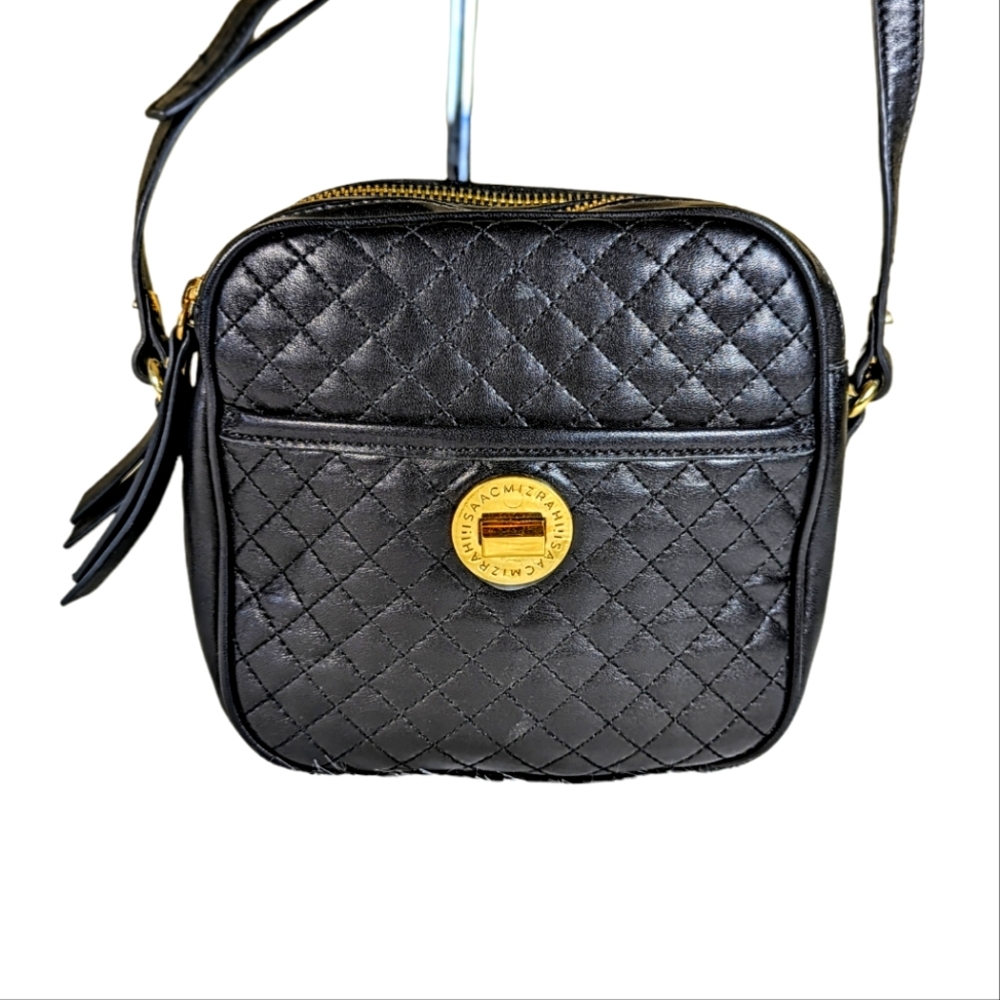 Isaac Mizrahi Black Quilted Leather Camera Bag Crossbody Double Zip - Picture 1 of 11